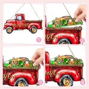 Appendiporta in legno con camion rosso e pezzi festivi intercambiabili per la casa.