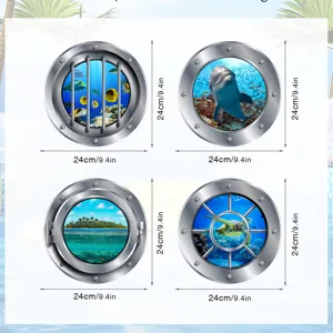 Marine animal magnetic fridge sticker, 24cm porthole wall decor for home kitchen.