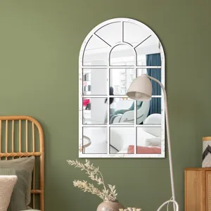 Arch window wall mirror sticker, acrylic mirror surface with rustic wooden frame for home decor.