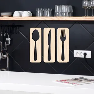 3D bois couverts decoration murale cuisine suspendu autocollant fourchette cuillere couteau.