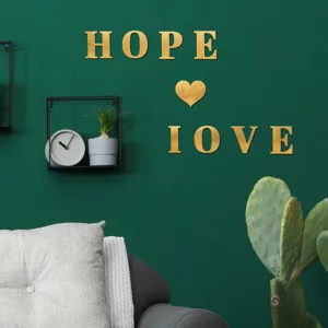 Gouden acryl spiegel muursticker HOPE en hart 3D letters decoratie voor woonkamer muur.
