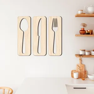 Décoration murale de cuisine en bois, ensemble cuillère couteau fourchette 3D panneau suspendu.