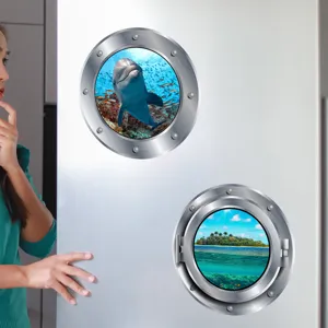 Magnetic fridge sticker porthole window ocean dolphin 3D wall decor home kitchen decoration