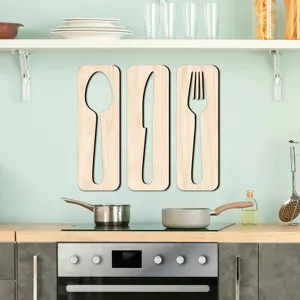 Décoration murale de cuisine en bois 3D Cuillère Couteau Fourchette Ensemble de 3 pièces