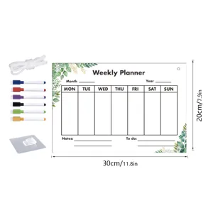 Acrylic weekly planner board with dry erase markers and hanging rope for office home note.
