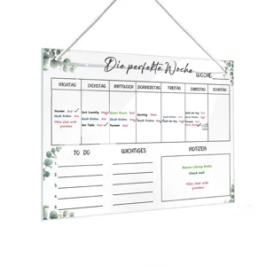 Acrylic weekly calendar hanging memo board planner with eucalyptus leaves design for home office.