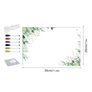 Hanging dry erase message board with green leaf design, markers and hooks, 30x20cm