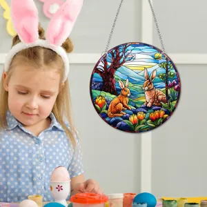 Acryl hangend bord met paashaas, kleurrijke lente bloemige ronde muurdecoratie plaquette.