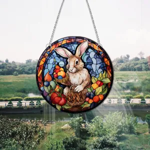 Easter rabbit stained glass acrylic hanging plaque, beautiful window decoration for home room.