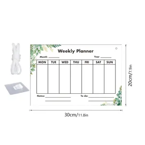 Acrylic weekly planner board featuring botanical leaf design, hanging rope and hook, 30x20cm detail.