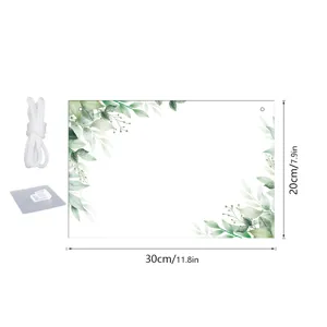 Hanging acrylic memo board with green leaf watercolor design, 30x20cm with rope and hook.