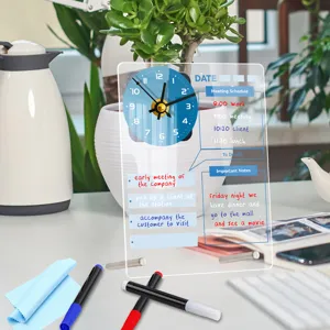 Clear acrylic desktop memo board with clock, ideal for daily schedule planning and notes.
