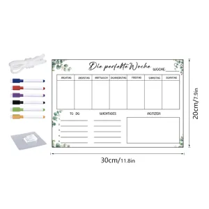 Acrylic weekly planner board with markers and hanging rope for home or office organization.