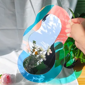 Miroir décoratif mural en acrylique irrégulier iridescent avec bordure colorée.
