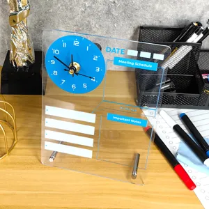 Clear acrylic desktop clock dry erase message board for office desk organization and memo notes.