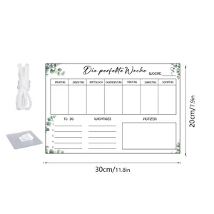 Acrylic weekly planner memo board with calendar layout, hanging rope and wall hook for office.
