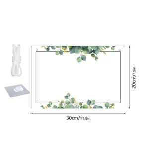 Acrylic hanging message board detail view showing eucalyptus leaf border and dimensions.