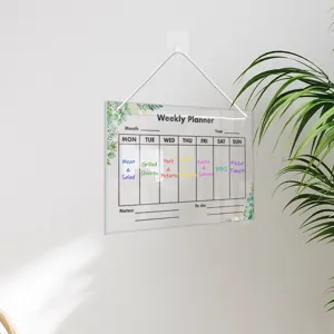 Clear acrylic weekly planner hanging board, reusable dry erase wall calendar for office use.
