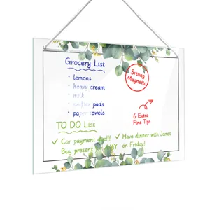 Clear acrylic hanging dry erase board with eucalyptus leaf design, memo board and grocery list.