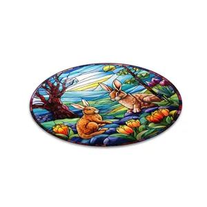 Paashaas gebrandschilderd glas acryl hangende plaque, levendige ronde muurdecoratie.