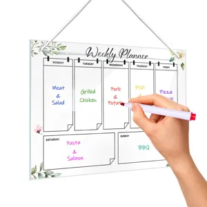Clear acrylic weekly planner hanging message board with dry erase marker for home office.