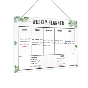 Acrylic weekly planner hanging board with eucalyptus design, erasable memo board for home office.