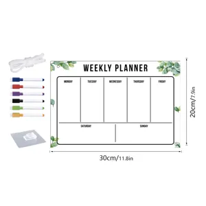 Acrylic weekly planner dry erase board with markers, hanging rope and size details.