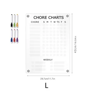 Clear acrylic magnetic chore chart for weekly planning with 6 colorful markers included.