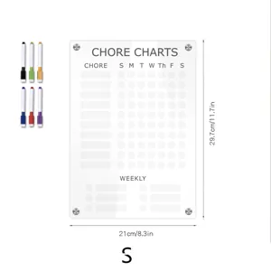 Transparent acrylic magnetic chore chart weekly planner board with markers and size details.