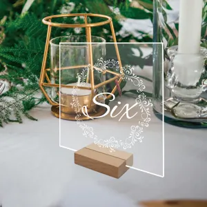 Letrero de número de mesa de boda de acrílico transparente con base de madera decoración 6.