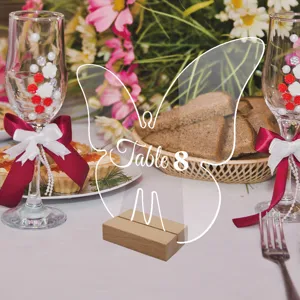Clear acrylic wedding table number sign with wooden base for party and event decor