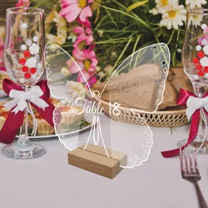 Placa de número de mesa de boda de acrílico transparente base de madera mariposa
