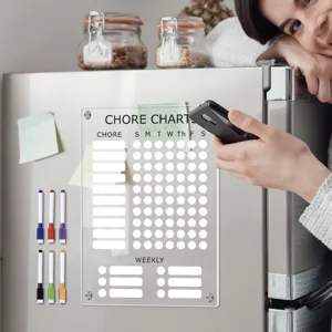 Clear acrylic magnetic chore chart weekly calendar planner board for kitchen refrigerator use with markers.