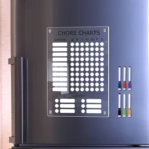 Transparent acrylic magnetic chore chart detail view with 6 colorful markers on fridge.