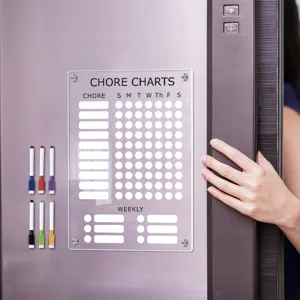 Clear acrylic magnetic chore chart weekly planner board with colorful pens for refrigerator use.