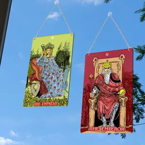 Tarot card window hanging decor featuring The Empress and Emperor designs with chains for home wall.