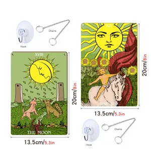 Detailed view showing tarot card wall hanging dimensions, sun and moon designs, and metal chains.