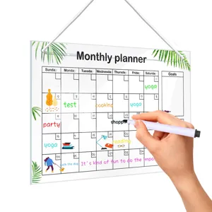 Hanging acrylic monthly planner calendar board detail showing grid and writable surface.