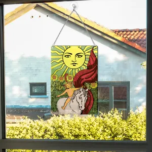 Tarot card sun hanging panel detail, acrylic window ornament with chain and suction cup decor.