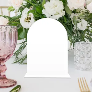 White arched acrylic table sign blank DIY wedding place card tabletop decor detail view