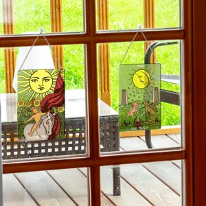 Tarot card window hanging decor with chain and suction cup, vintage aesthetic room ornament.
