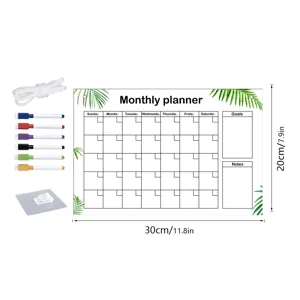 Acrylic monthly planner board with calendar grid, notes, pens and hanging rope for office.