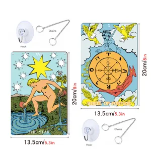 Tarot card window hanging detail showing dimensions, metal plaque design, suction hook and chain accessories.