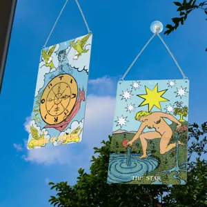 Tarot card window hanging, acrylic suncatcher panel with chain, mystical home decor detail.