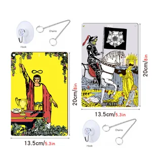 Tarot card metal sign set with hooks and chains, vintage wall decor for home window or room.