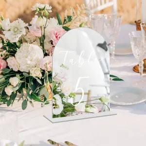 Arch acrylic table number sign detail, elegant wedding decor desk display clear sign.