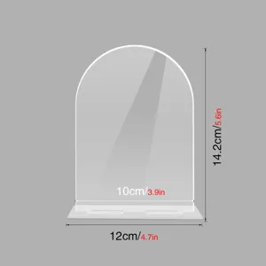Clear acrylic arch sign stand detail view showing accurate product dimensions and measurements.
