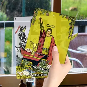 Tarot card window hanging detail view, transparent acrylic spiritual decor, home wall art.