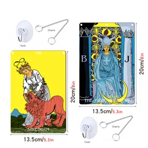 Tarot card metal hanging sign set with hook and chains, vintage wall decor for home room.
