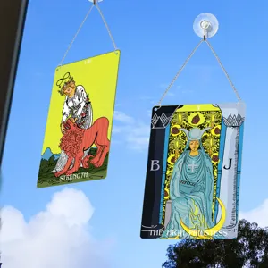 Tarot card window hanging decor, metal acrylic mystical wall art sign with chain suction cup.